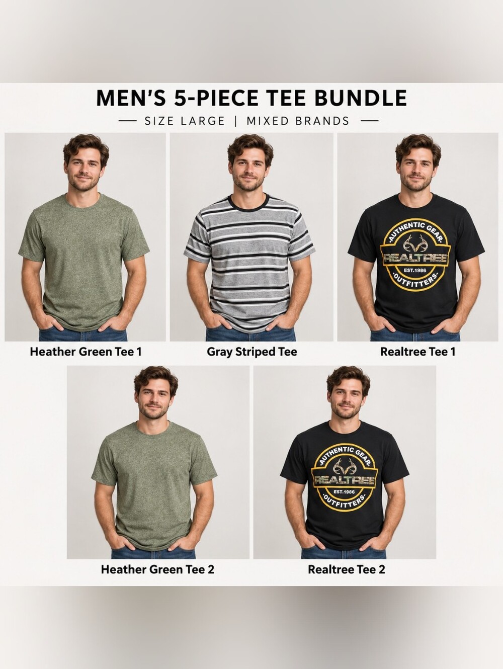Men’s Large 5-Piece Mixed Brands Men's 5-Piece Tee Bundle - Green, Gray & Black
